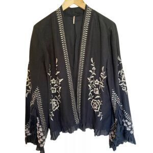 Free People Paisley Park Black Embroidered Linen Blend Bell Sleeve Jacket Large